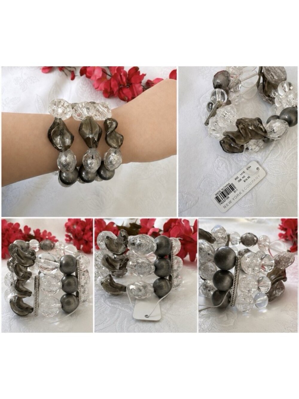NY & CO Chunky WIde Clear Bead Bangle Pewter Silver-Tone Bracelet Stretch NEW
